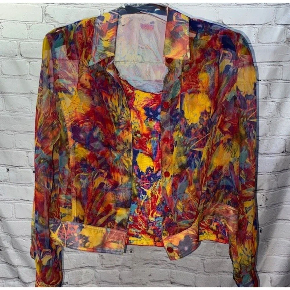 Cest Duo‎ 2pc Shell Sheer Shirt Jacket Artsy Parrot Tropical Island Beach LRG